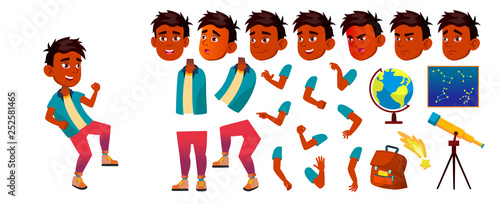 Indian Boy Vector. Primary School Child. Animation Creation Set. Active Cute Child. Booklet, Placard Design. Astronomy, Telescope, Stars, Universe. Face Emotions, Gestures. Animated. Illustration