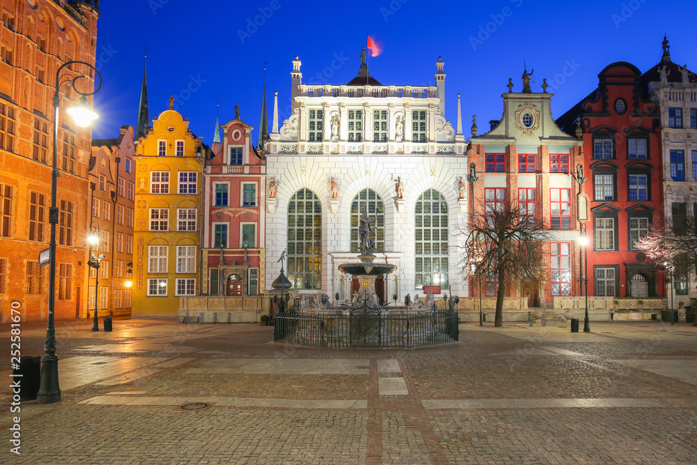 Architecture of Artus Court in Gdansk at night, Poland