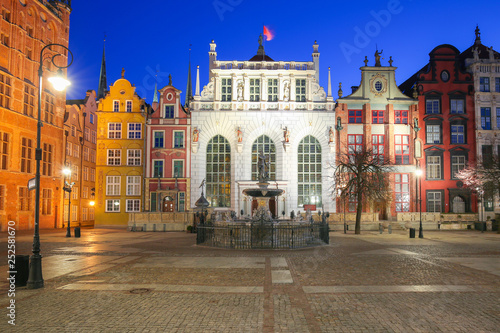 Architecture of Artus Court in Gdansk at night, Poland