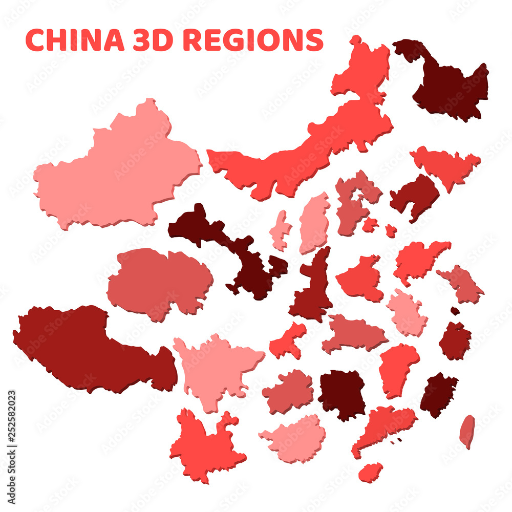 3d map of administrative division of divided China regions in red colors  illustration