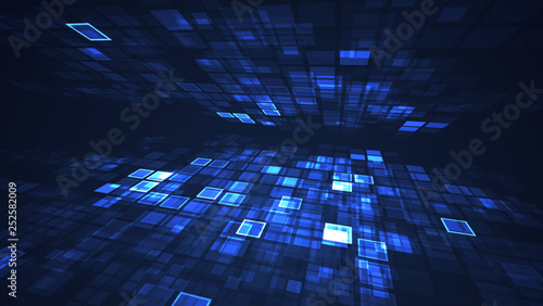 Abstract blue graphic flashing rectangle grid perspective background. Digital technology futuristic illustration concept.