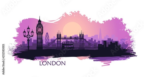 Stylized landscape of London with big Ben, tower bridge and other attractions