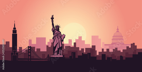 Abstract landscape of the city with sights of the USA