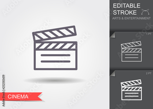 Film clapper board. Line icon with shadow and editable stroke