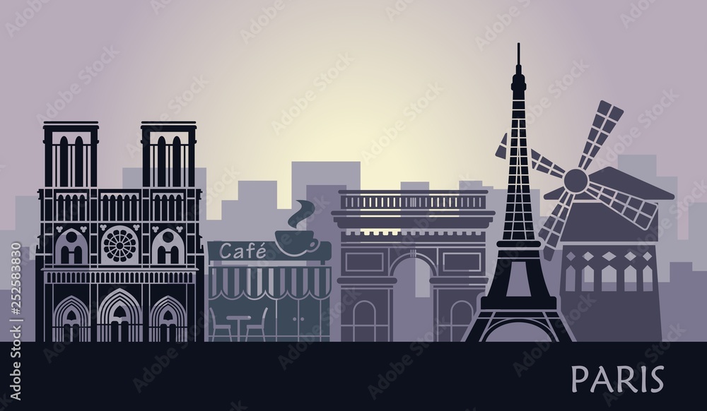 Stylized landscape of Paris with Eiffel tower, arc de Triomphe and Notre Dame Cathedral and other attractions