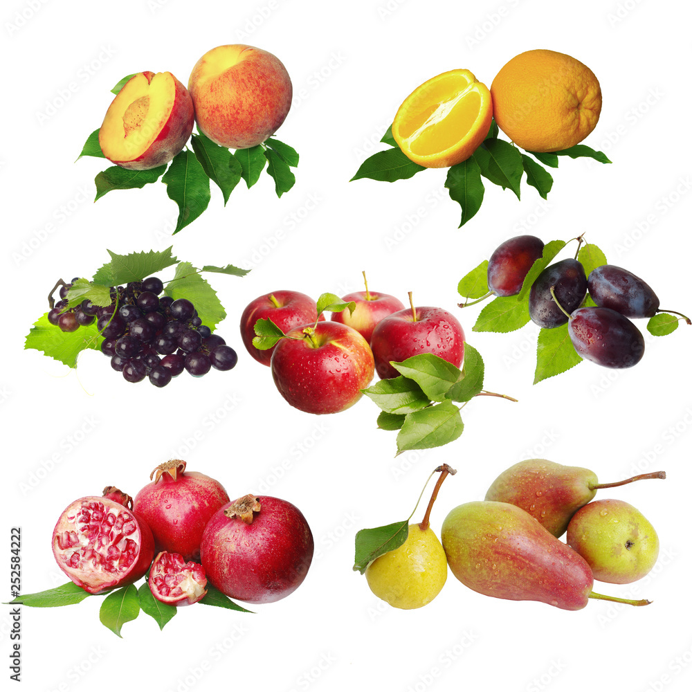 Set of different fruits on a white background. Orange, peach, grapes, pomegranate, apple, plum, pear. Isolated on white Set of different fruits on a white background. Orange, peach, grapes, pomegranate, apple, plum, pear. Isolated on white