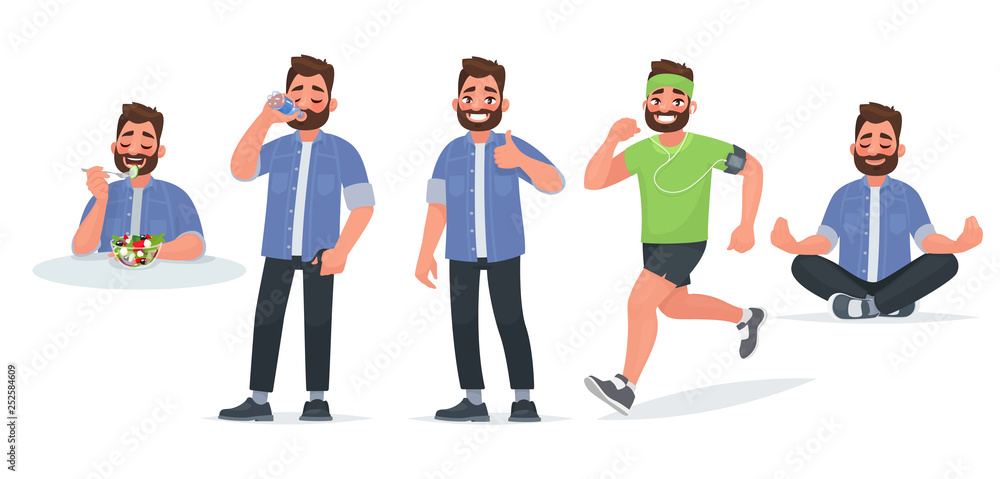 Healthy lifestyle. A man eats useful food, drinks water, trains and runs, practices yoga Healthy lifestyle. A man eats useful food, drinks water, trains and runs, practices yoga