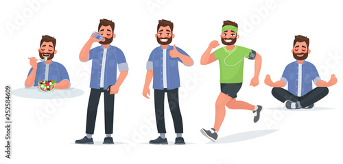 Healthy lifestyle. A man eats useful food, drinks water, trains and runs, practices yoga