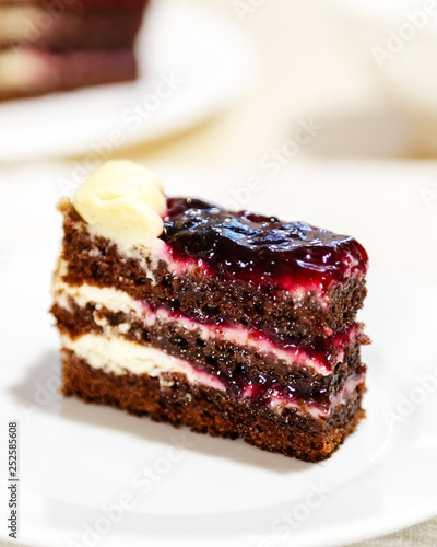 close-up of a slice of chocolate cake with cream and jam