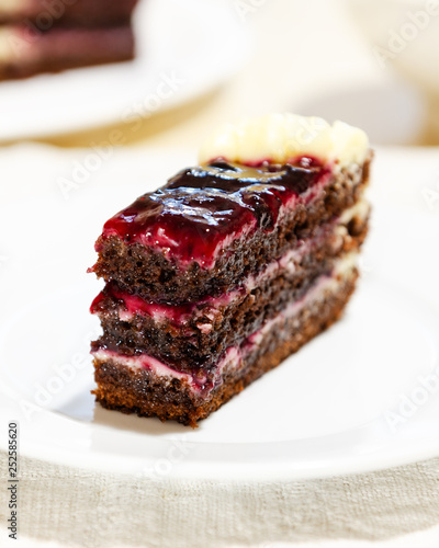 close-up of a slice of chocolate cake with cream and jam