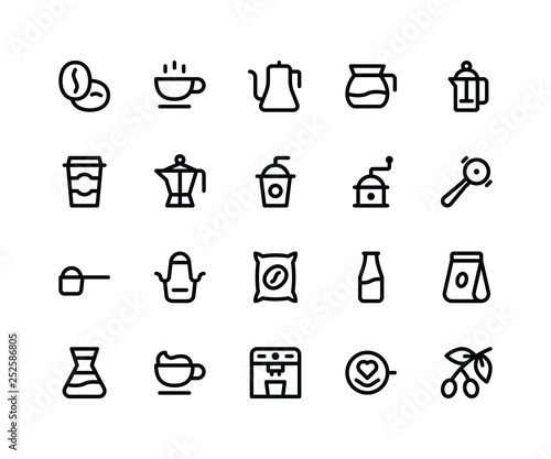 Simple Set of Coffee Shop Related Vector Line Icons. Contains such Icons beans, cup, kettle, grinder, portafilter and More. pixel perfect vector icons based on 32px grid. Editable Strokes photo