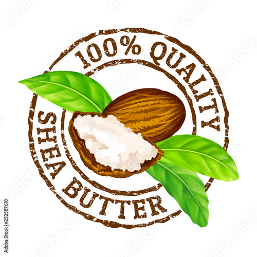 Vector grunge rubber stamp 100 quality shea butter on a white background. Shea nuts, butter and green leaves.