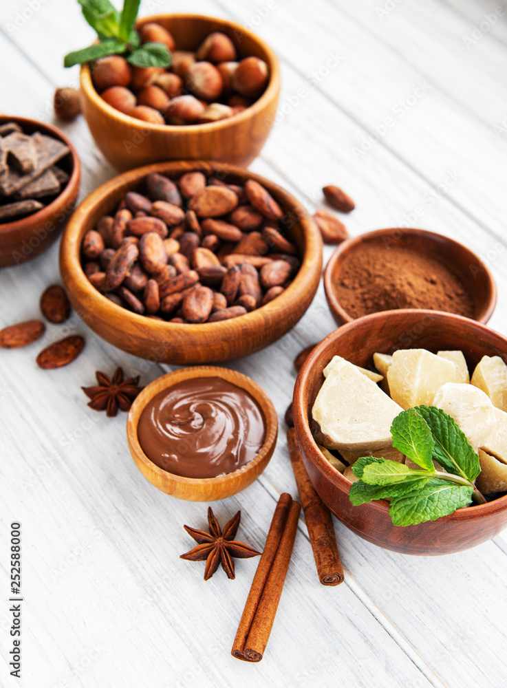Cocoa beans, butter and chocolate