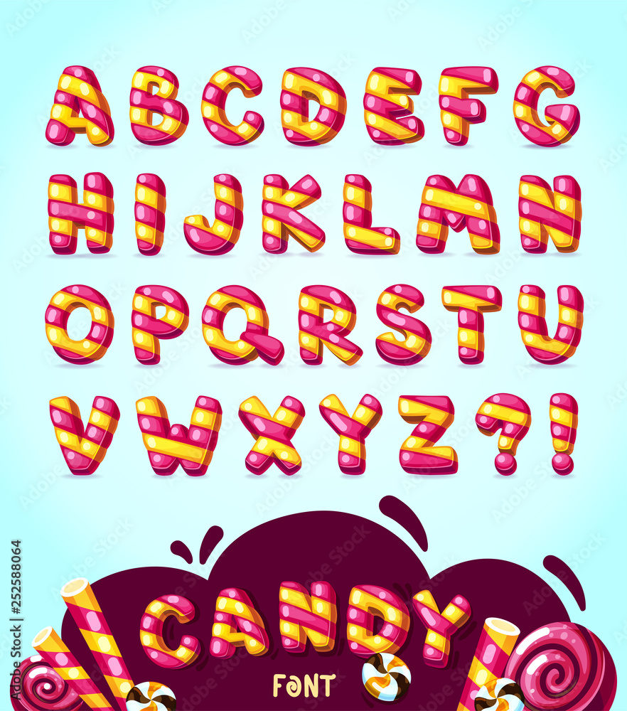 Candy cartoon font. Vector strips bubble letters set Stock Vector