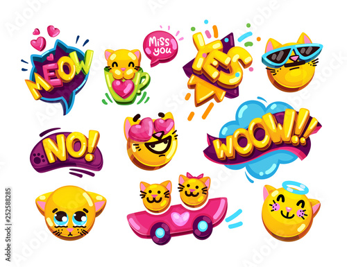 Wallpaper Mural funny emoji set cats and inscriptions wow, yes, no, meow, miss you Torontodigital.ca