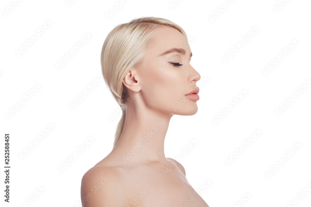Woman perfect clean skin of face and body. Natural cosmetics, wrinkle smoothing removal, anti-aging cosmetics, skin moisturizing. Girl blonde on white background. Cosmetic for acne and skin irritation Woman perfect clean skin of face and body. Natural cosmetics, wrinkle smoothing removal, anti-aging cosmetics, skin moisturizing. Girl blonde on white background. Cosmetic for acne and skin irritation