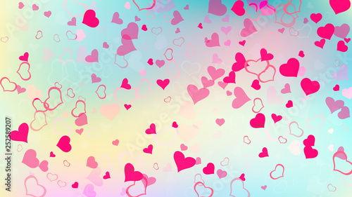 Red hearts of confetti are flying. Red on Gradient fond Vector. Romantic background. Design element for wallpaper, textiles, packaging, printing, holiday invitation for birthday.