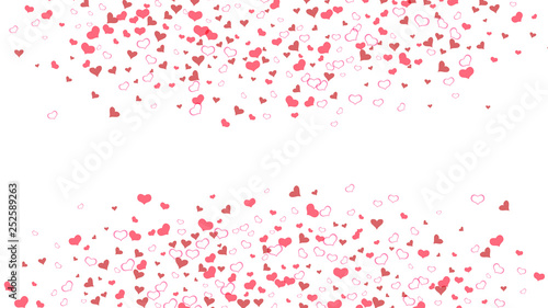 Red hearts of confetti are falling. Light background. Design element for wallpaper, textiles, packaging, printing, holiday invitation for birthday. Red on White fond Vector.