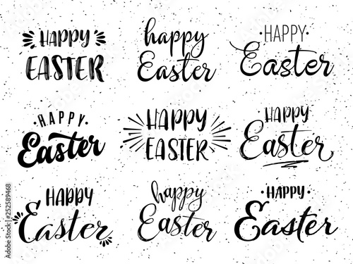 Happy easter hand drawn calligraphy design. Greeting card with golden text. Handwritten sketch lettering. Grunge background. Vector illustration.
