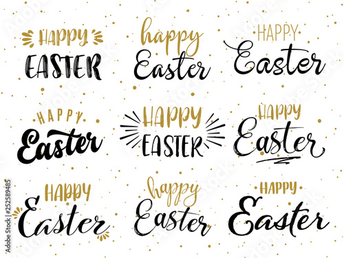 Happy easter hand drawn calligraphy design. Greeting card with golden text. Handwritten sketch lettering. Grunge background. Vector illustration.
