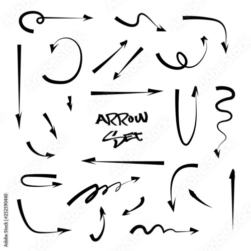 Set of vector handwriting arrows. Collection of black direction pencil sketch symbols. Doodle drawing arrow isolated on white background. Graphic design elements.