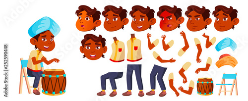 Indian Boy Kindergarten Kid Vector. Animation Creation Set. Face Emotions, Gestures. Happy. Turban, Drum, Performance. Babysitting. For Card, Advertisement Design. Animated. Cartoon Illustratio