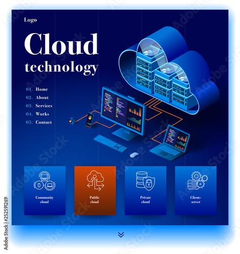 Cloud technology website. Concept of a landing page for data center. Website providing the service of modern cloud technology. Vector website template with 3d isometric illustration data center