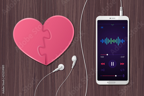 Romantic Mood. Top view at desktop composition of a smartphone showing player app on its screen, connected earphones and heart-shaped puzzle beside of them. Illustration on the subject of 'Lifestyle'.