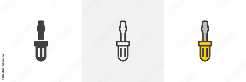 Screwdriver icon. Line, glyph and filled outline colorful version, repair tool outline and filled vector sign. Symbol, logo illustration. Different style icons set. Pixel perfect vector graphics