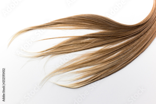 Piece of brown hair on white isolated background