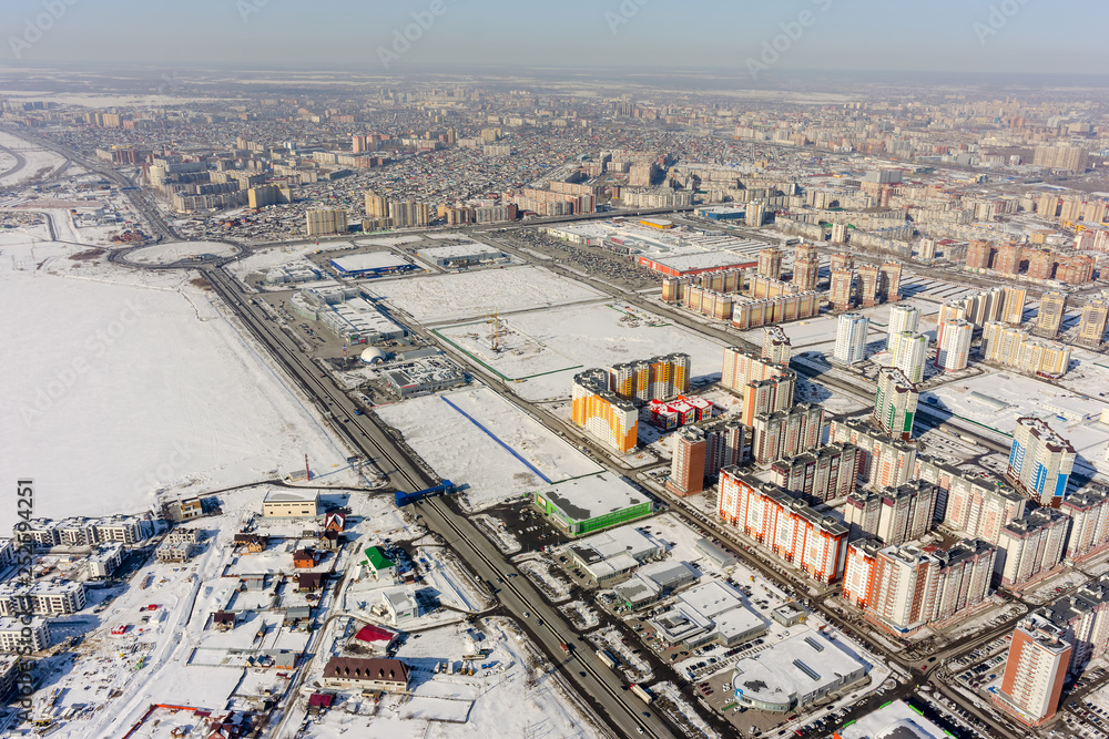 Obraz premium Bird eye view onto suburb of city. Tyumen