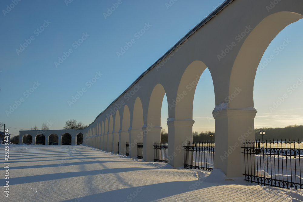 Winter view of the shopping arches. Monument of architecture of Veliky Novgorod
