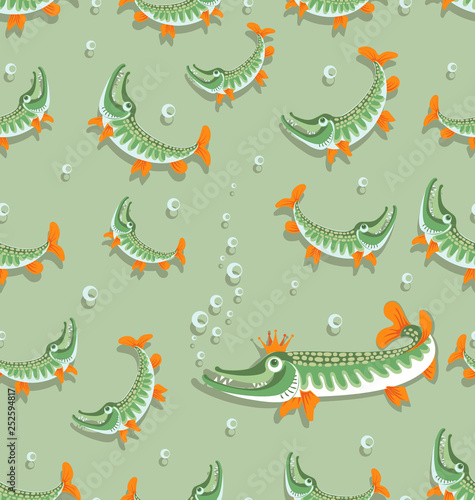 Pikes in the pond. Queen pike. Seamless pattern. Great pike. Design for the club of fishing enthusiasts  for printing on fabrics or paper.