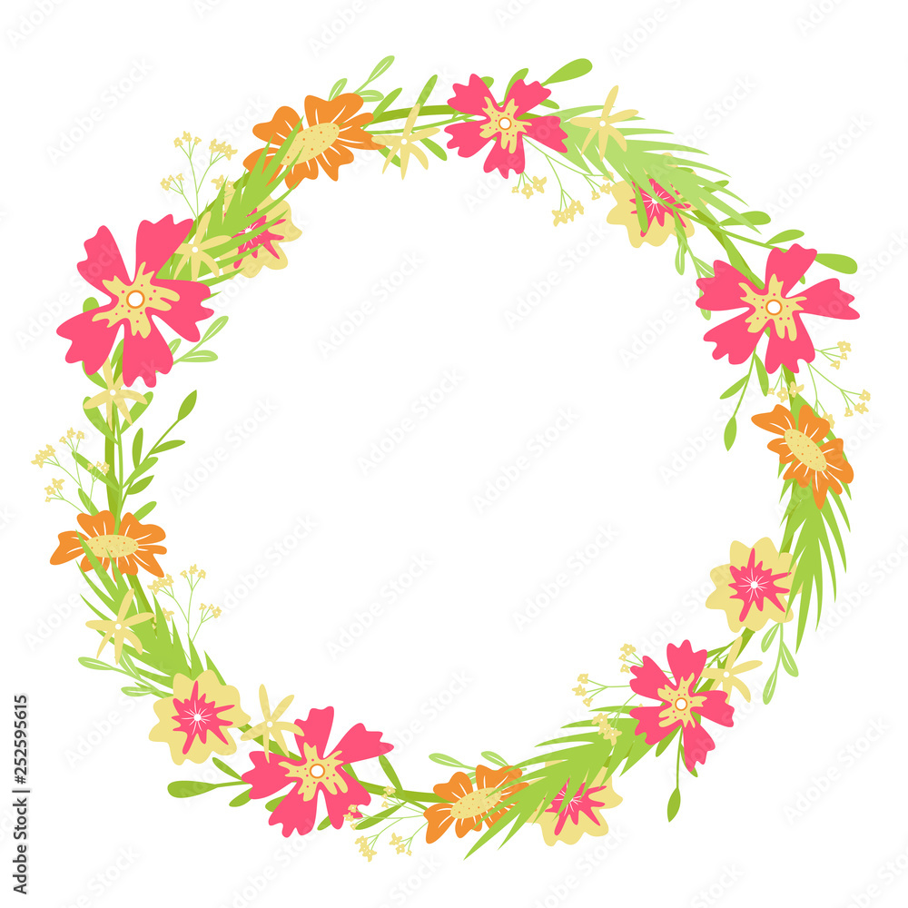 Round floral frame. Hand-drawn vector illustration. Spring colors.