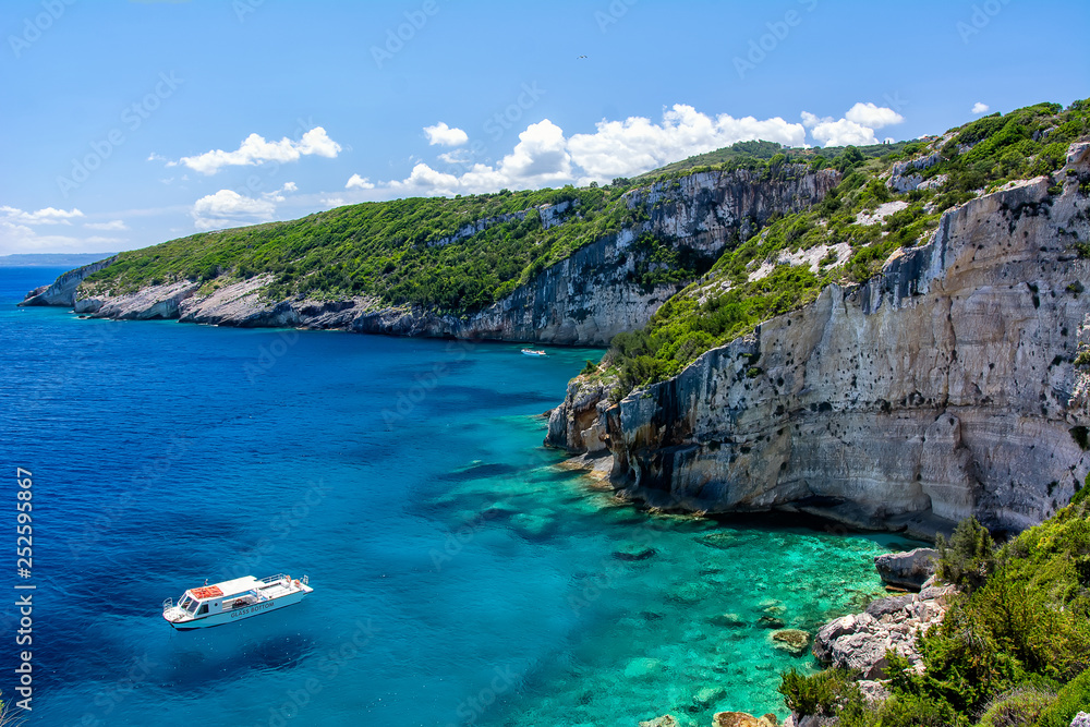  View of beautiful cliff and blue sea near Skinari cape on Zakynthos island. Greece