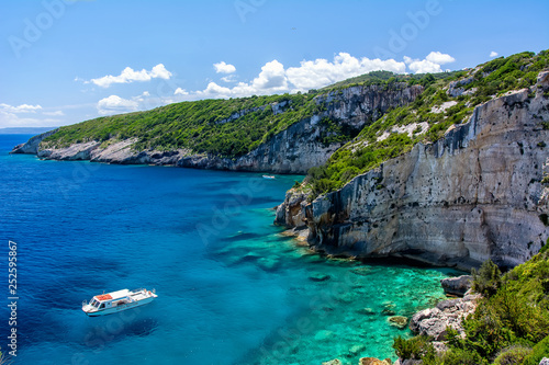  View of beautiful cliff and blue sea near Skinari cape on Zakynthos island. Greece