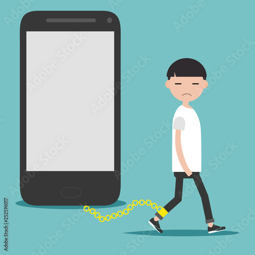 Social problem smartphone addiction.Nomophobia.Young character on the chain on the phone.Flat cartoon illustration with space for your text.clip art