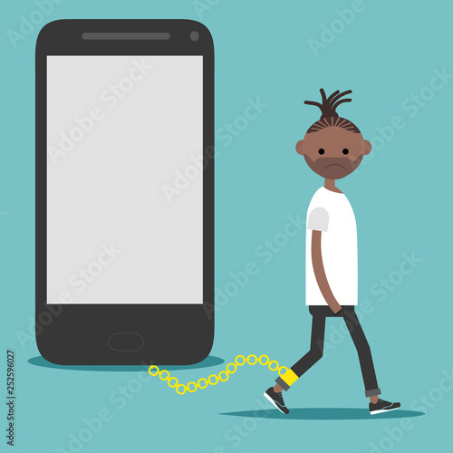 Social problem smartphone addiction.Nomophobia.Young character on the chain on the phone.Flat cartoon illustration with space for your text.clip art