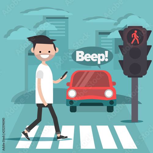 Young character crossing the street on red light.Nomophobia.honking car.flat cartoon illustration.clip art