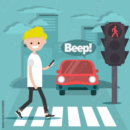 Young character crossing the street on red light.Nomophobia.honking car.flat cartoon illustration.clip art