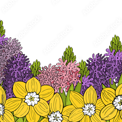 Fototapeta Naklejka Na Ścianę i Meble -  Spring background with  hand drawn  flowers. Daffodils and Hyacinths. Vector sketch  illustration.
