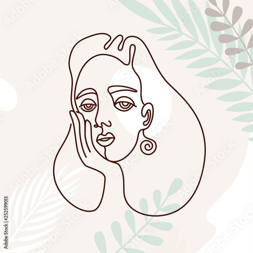 Vector illustration in continuous line style - minimalistic female portrait