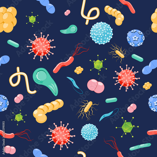virus and bacteria background. Seamless pattern. pathogens and microbes.