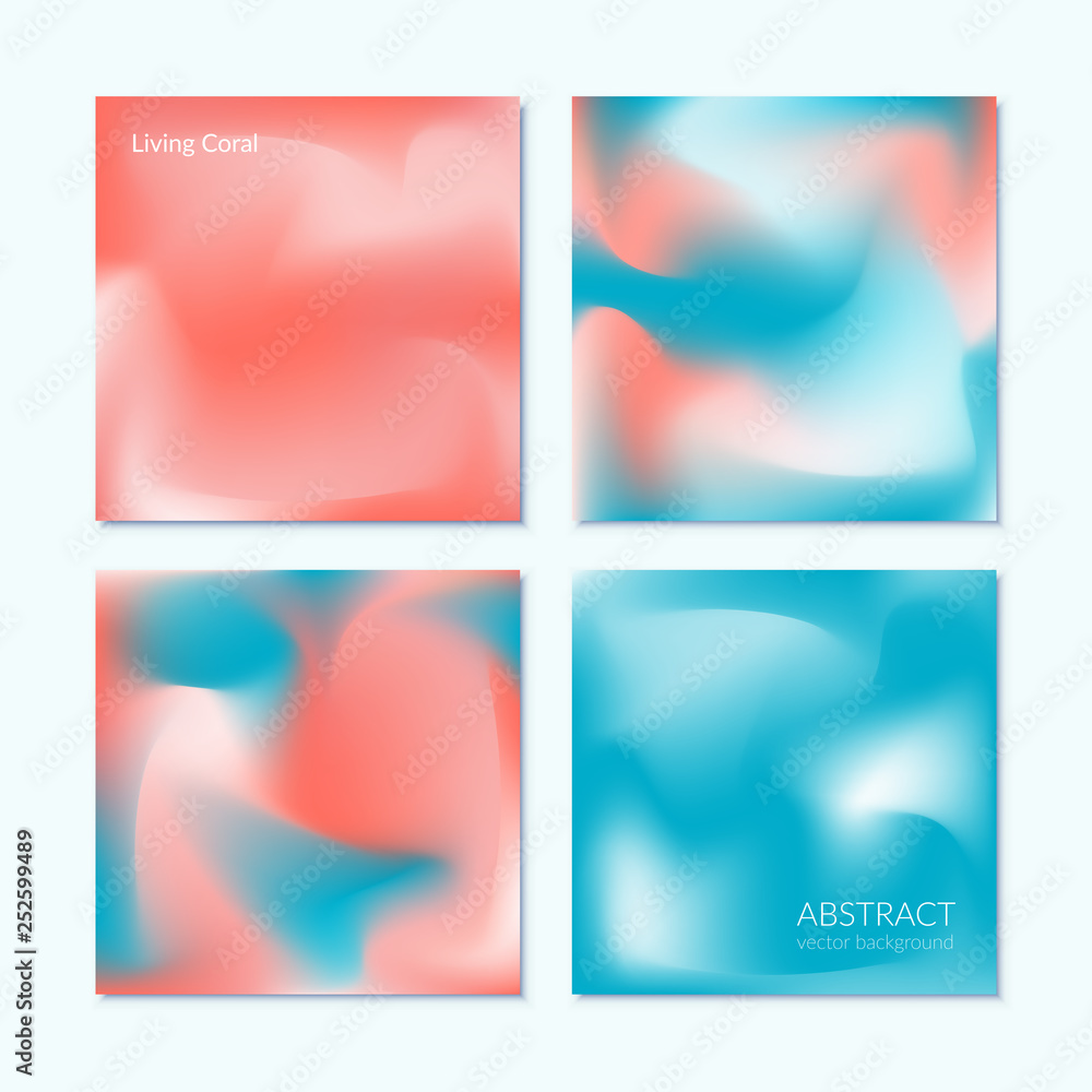 Blurred Gradient Vector Background. Modern abstract brochure, leaflet, flyer, cover, catalog, annual report templates set. Vector illustration with trendy Living Coral & Turquoise colors.