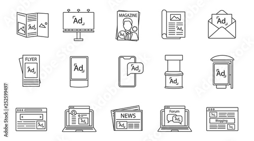 Advertising channels linear icons set photo