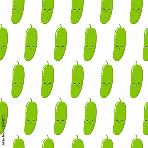 Vector seamless pattern with cute cartoon cucumbers on white background. Vector vegetable emoticon. Kawaii style