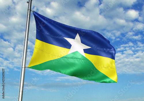 Rondonia state of Brazil flag waving sky background 3D illustration photo