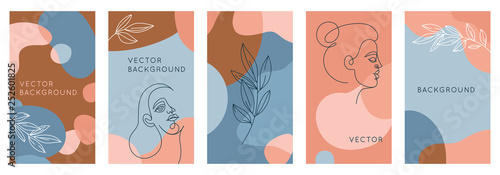 Vector set of abstract creative backgrounds in minimal trendy style with women face portrait in one line with copy space for text - design templates for social media stories and bloggers - simple, sty