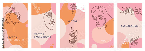 Vector set of abstract creative backgrounds in minimal trendy style with women face portrait in one line with copy space for text - design templates for social media stories and bloggers - simple, sty