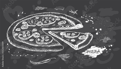 Best hot Pizza on chalk board background. Vector illustration.